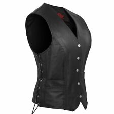 Cowhide Leather Motorcycle Vest Women Riding Club Black Biker Concealed Carry  picture