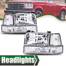 Fit For 92-96 Ford F-150 Bronco Chrome Headlights+Clear Reflector Bumper Lamps picture