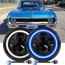 DOT Pair 7 inch Round LED Headlights Hi/Lo Blue Halo For Chevy Nova Camaro Monza picture
