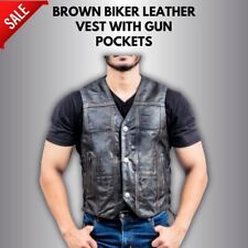 Men’s Vintage Distressed Brown biker Leather Vest With Gun Pockets picture