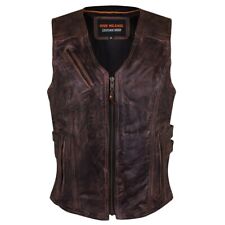 Ladies EXTRA SMALL Vintage Brown Premium Leather Concealed Carry Biker Vest picture