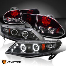 Fits 2006-2011 Honda Civic 4Dr LED Halo Projector Headlights+Black/Red Tail Lamp picture