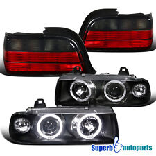 Fit 1992-1998 BMW E36 Halo Projector Headlights Black+Tail Brake Lamps Red/Smoke picture