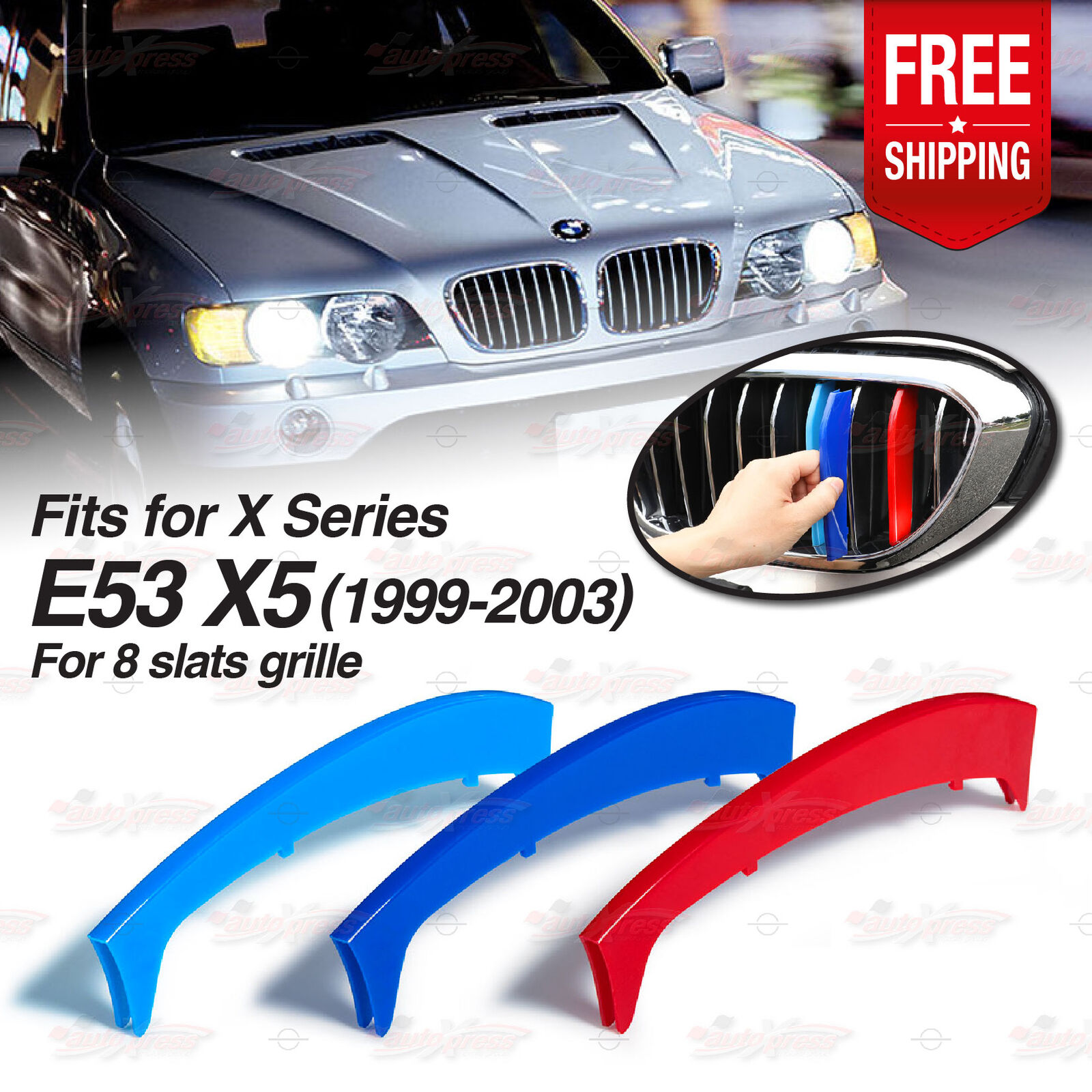 For BMW X5 E53 1999-2003 8 slats Kidney Grille M Sport 3 Color Cover Stripe Clip