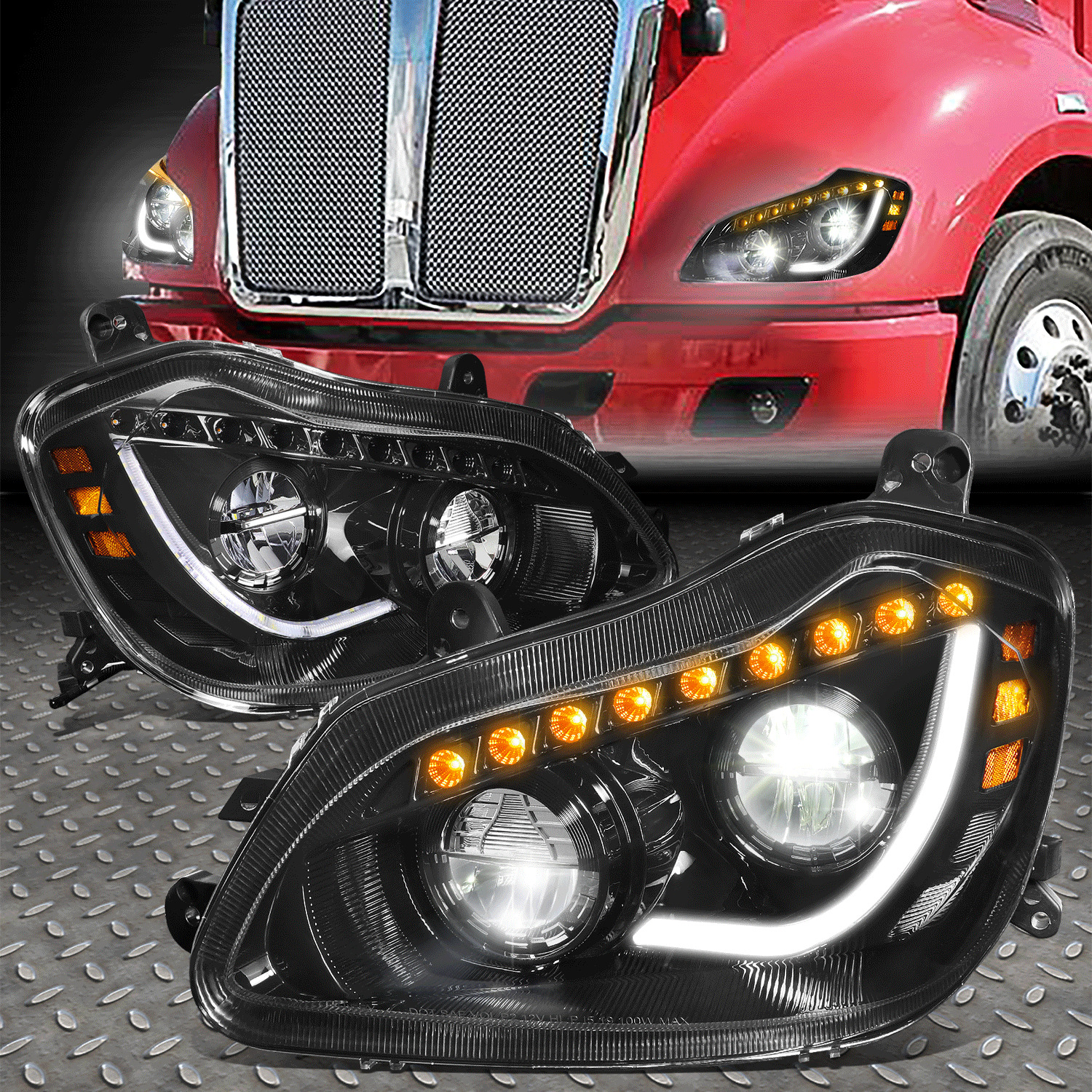 FOR 13-21 KENWORTH T680 FULL LED DRL SEQUENTIAL SIGNAL HEADLIGHT LAMPS BLACK
