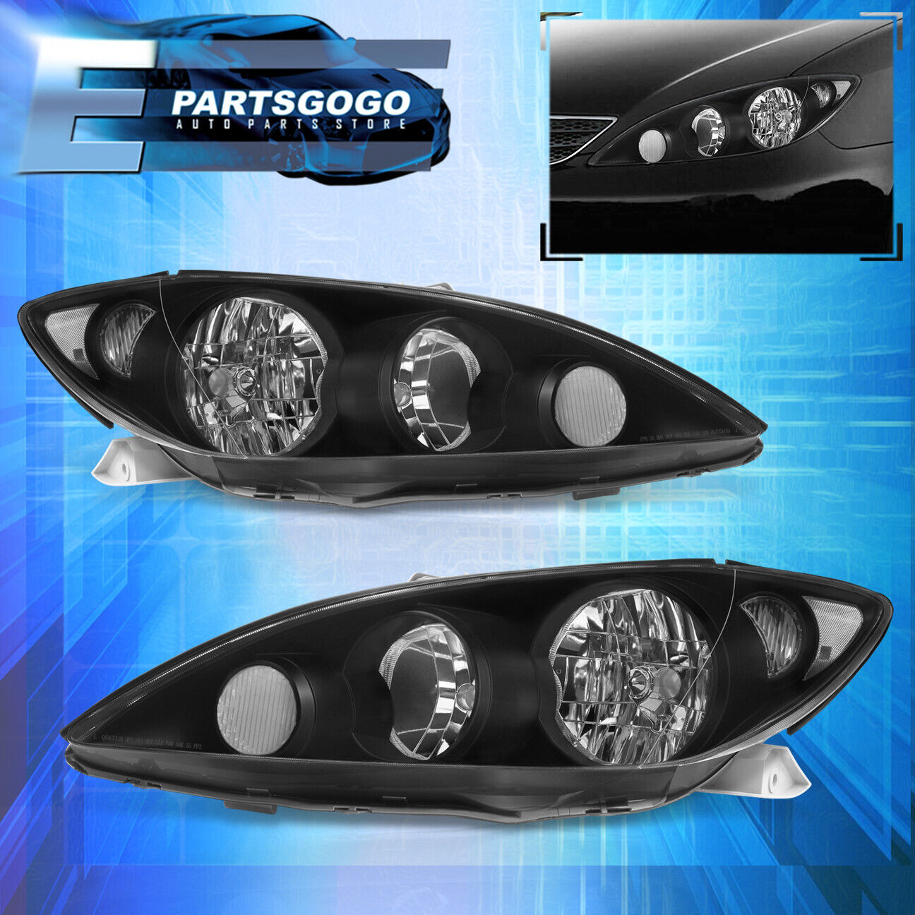 For 05-06 Toyota Camry Replacement Headlights Lamps Pair Assembly LH & RH Black