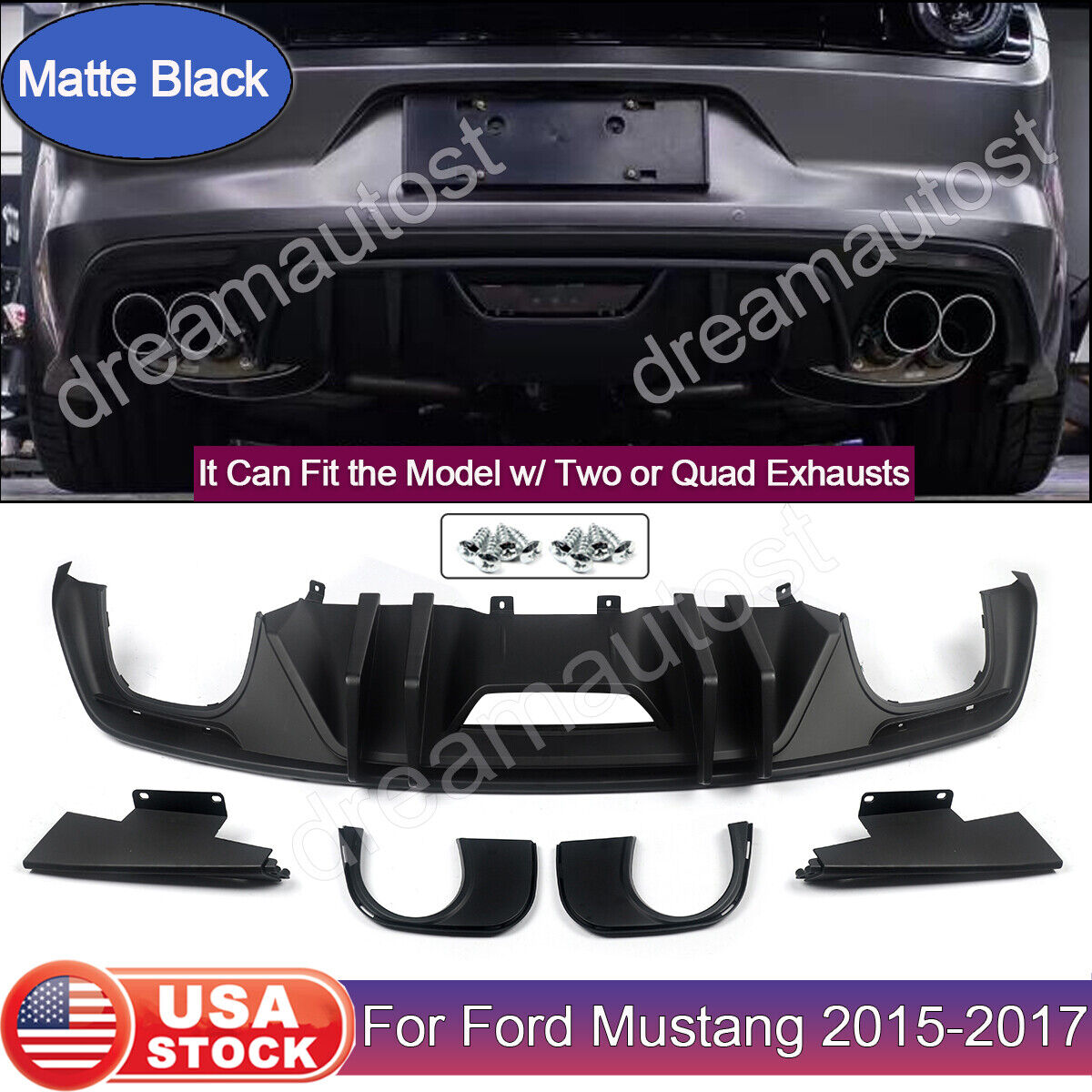 For Ford Mustang 15-17 GT500 Style Rear Diffuser Bumper Lip Spoiler Matte Black