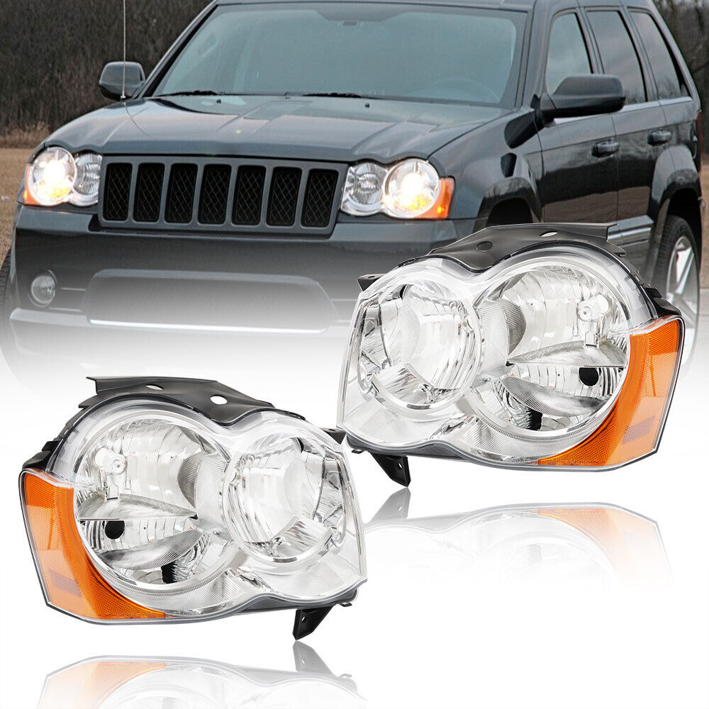 For 2008-2010 Jeep Grand Cherokee Headlights Headlamps Pair Left+Right Chrome