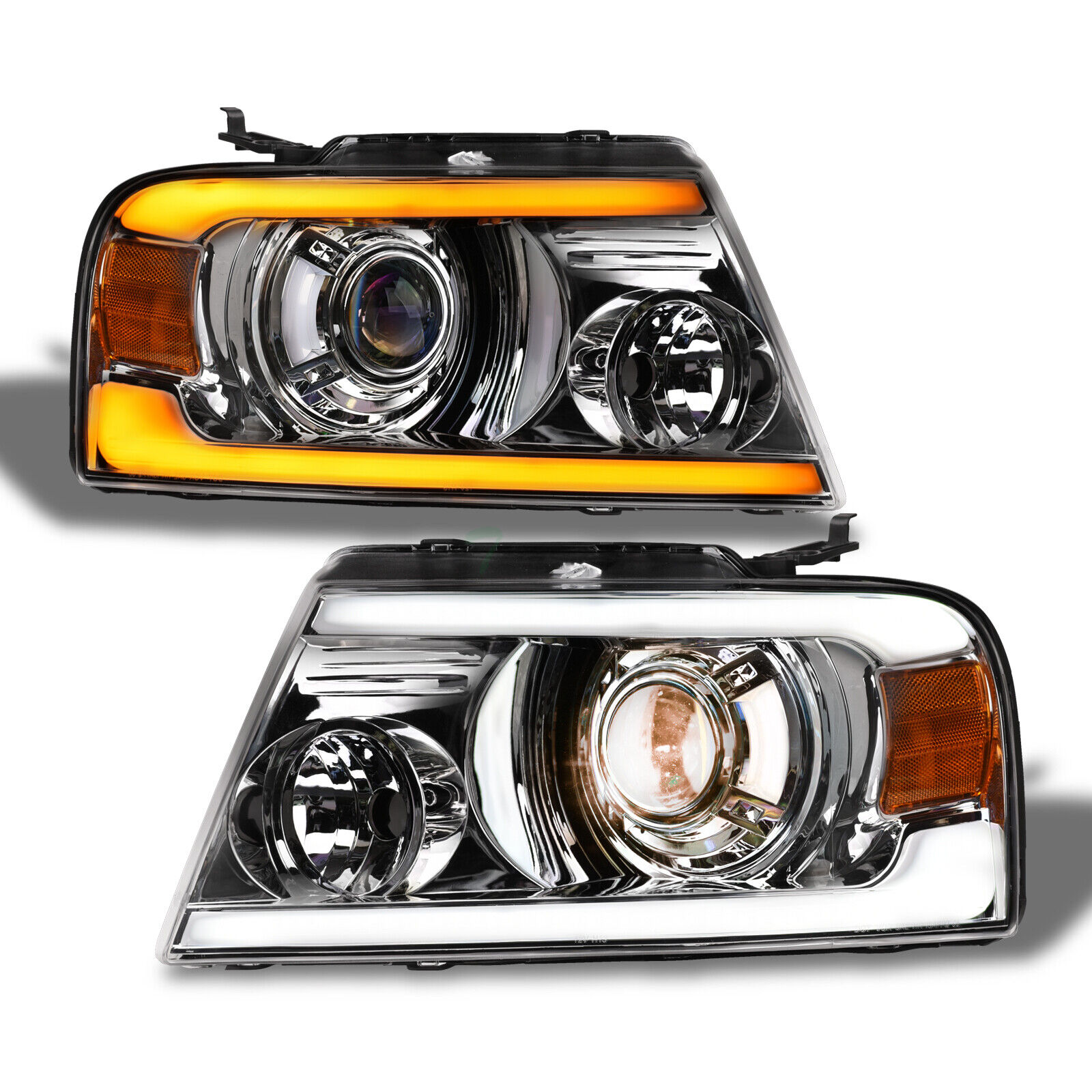 Topline For 04-08 F150 Switchback Sequential LED Bar Projector Headlights Chrome
