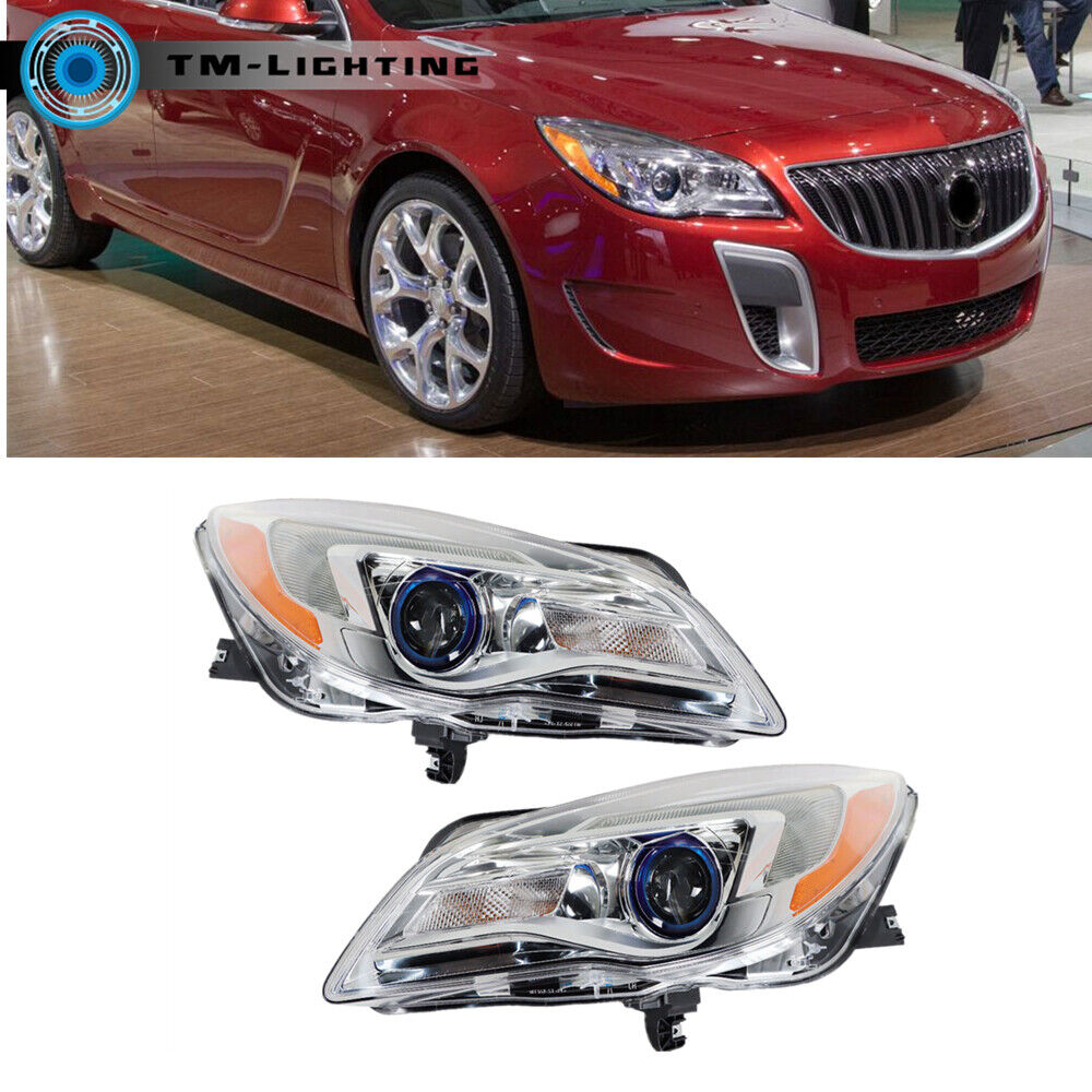 For 2014-2016 2017 Buick Regal Pair Headlight Halogen Chrome Headlamp Projector