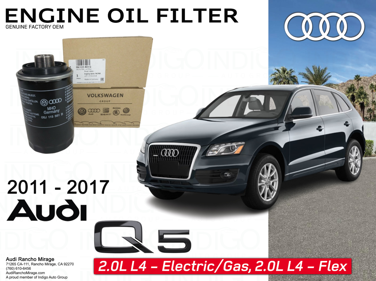2011-2017 Audi Q5 with 2.0L TURBO Engines Genuine Audi Oil Filter Q5-06J115403Q