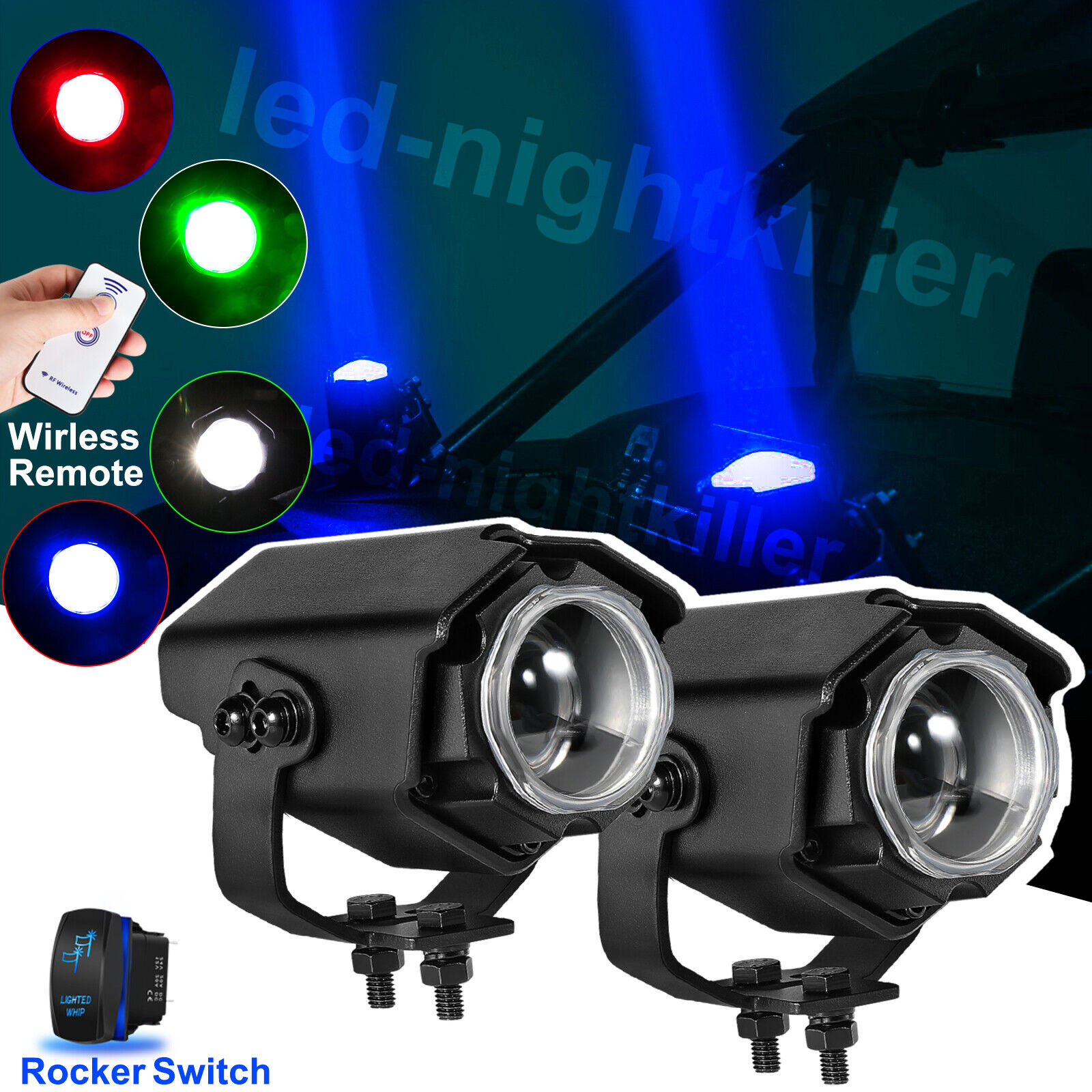 2x Laser RGBW LED Whip Light Whipless Antenna Remote For POLARIS RZR XP 1000 UTV