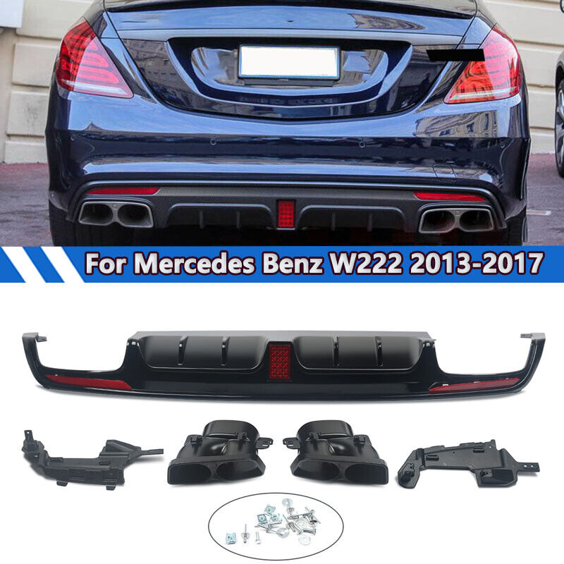 For 2013-17 Mercedes Benz W222 S550 S63 AMG Rear Diffuser w/LED Light + Exhuast