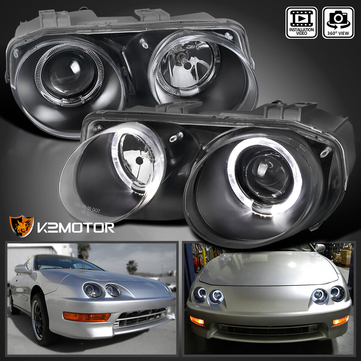 Black Fits 1998-2001 Acura Integra LED Halo Projector Headlights Lamp Left+Right