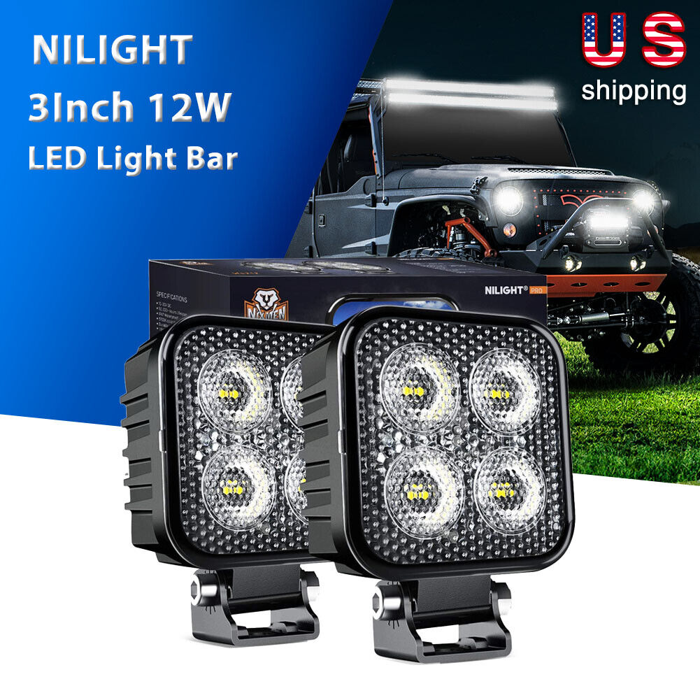 Nilight 2PCS 12W LED Work Light Bar 3Inch Flood Beam Driving Lamps for Jeep ATV