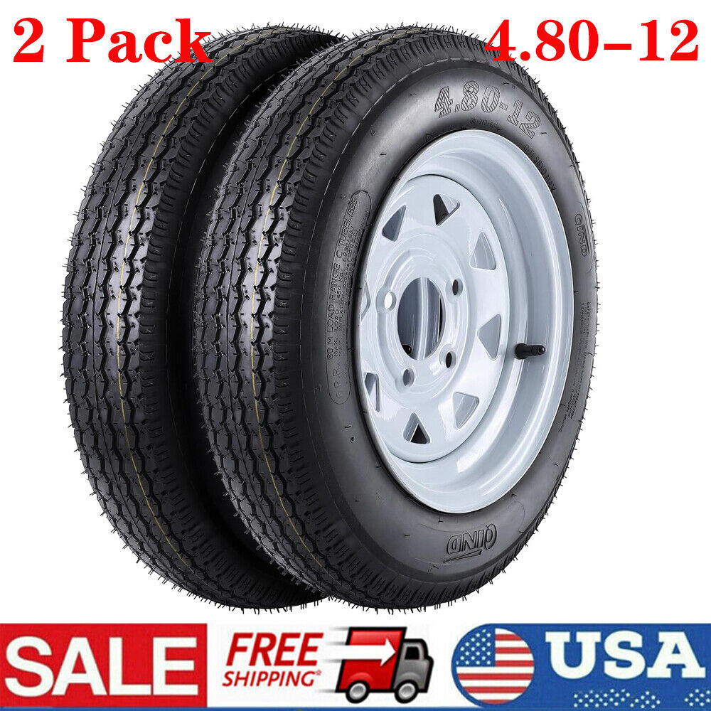 2 Pack 4.80-12 4 Lug Trailer Tires On 12\'\' Rim 4.80x12 480-12 Load Range C 6PR