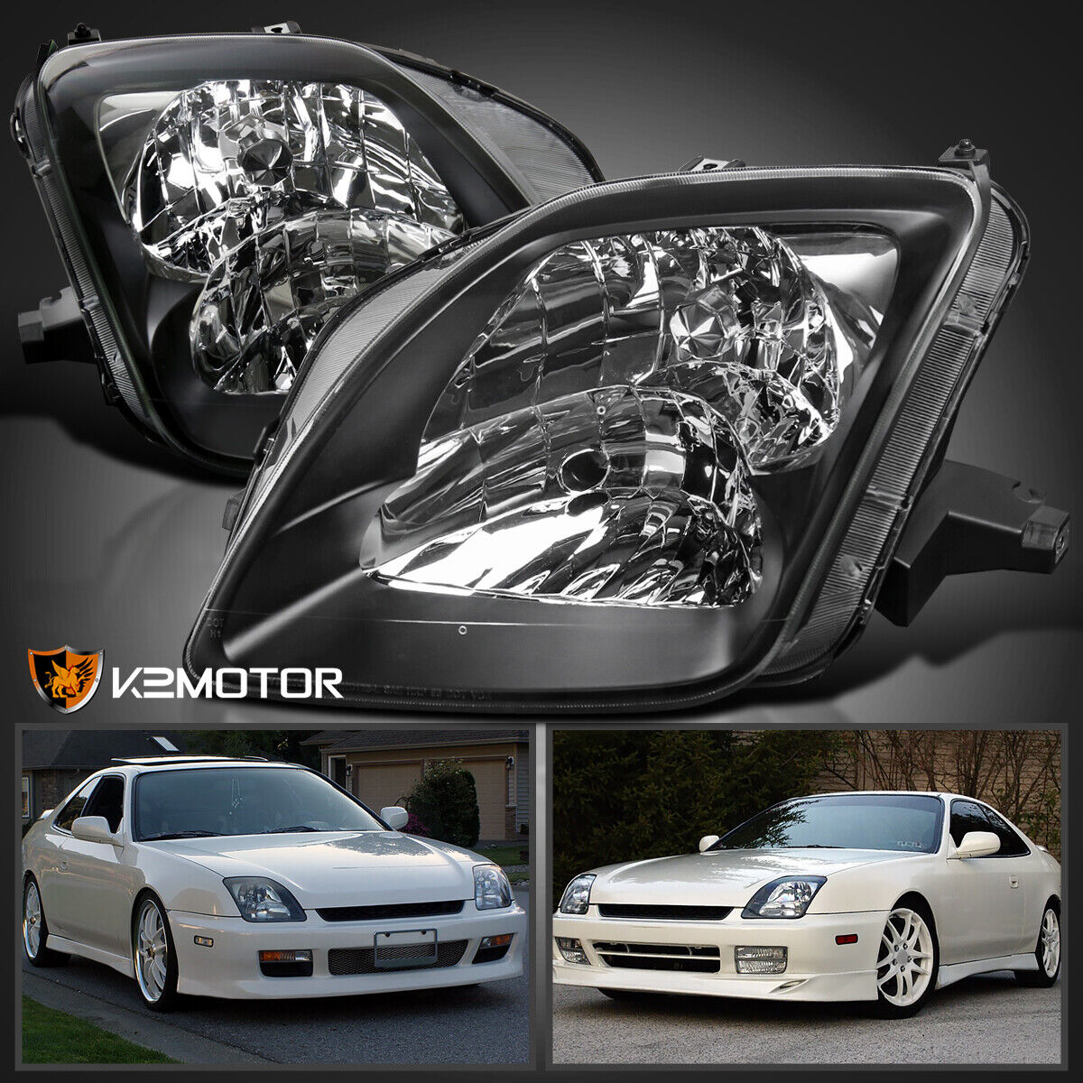 Black Fits 1997-2001 Honda Prelude Headlights Head Lamps Replacement Left+Right
