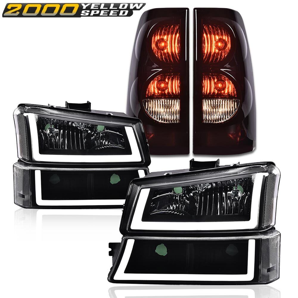 Fit For Silverado 2003-2007 LED DRL Black Housing Headlights + Tail Lights Pair