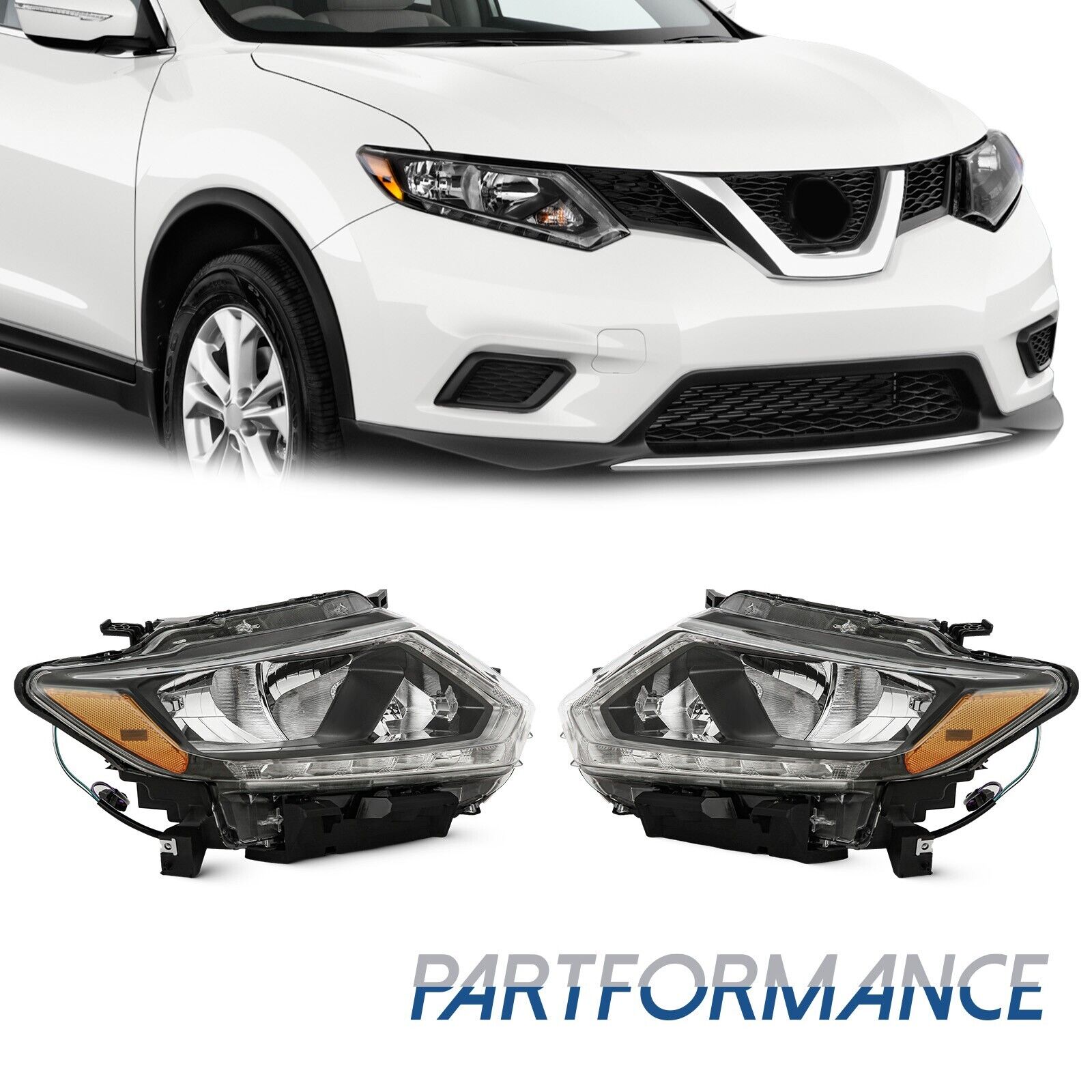 For 2014 2015 2016 Nissan Rogue Halogen w/LED DRL Headlights Headlamp Left+Right