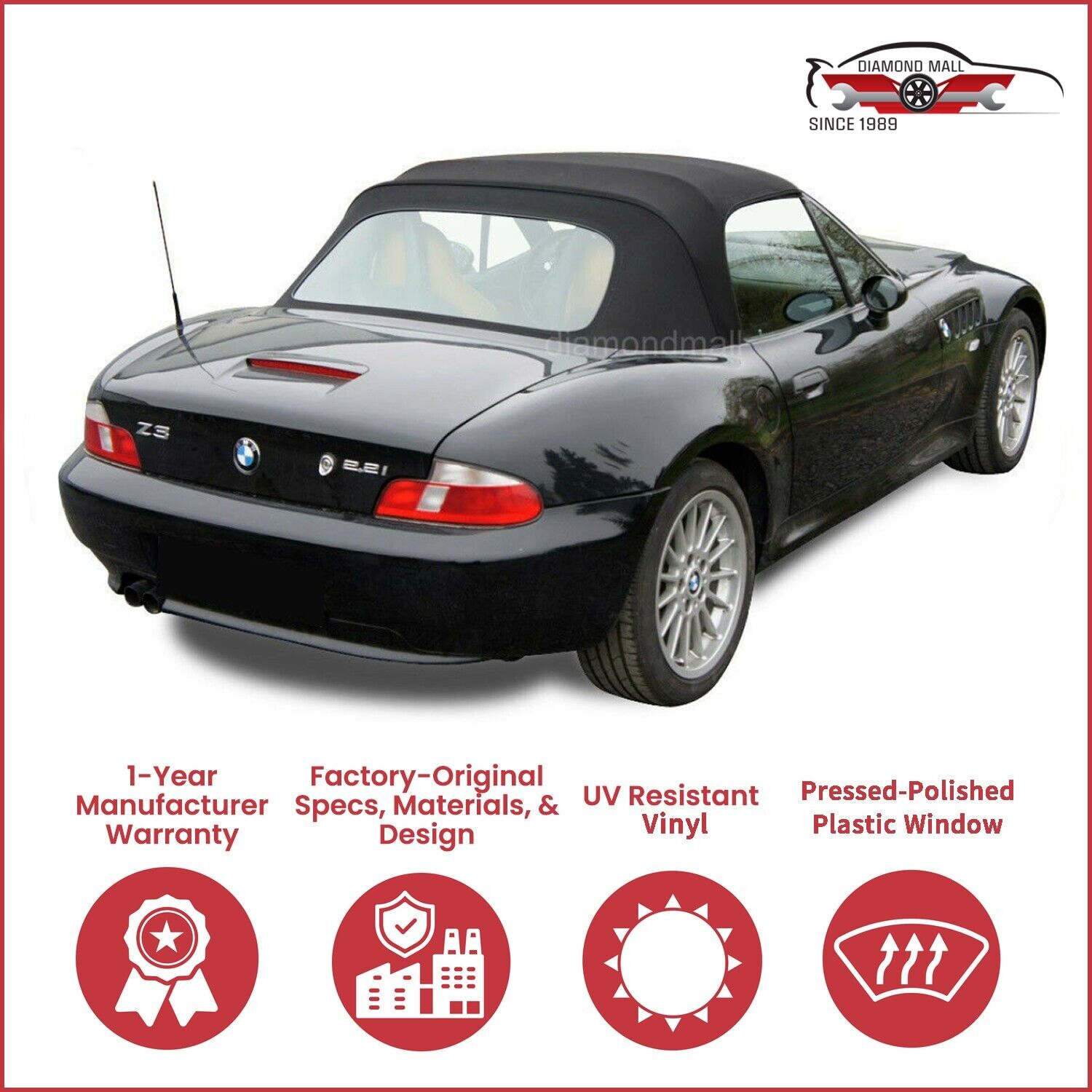 1996-02 BMW Z3 Convertible Soft Top w/DOT Approved Plastic Window, Black