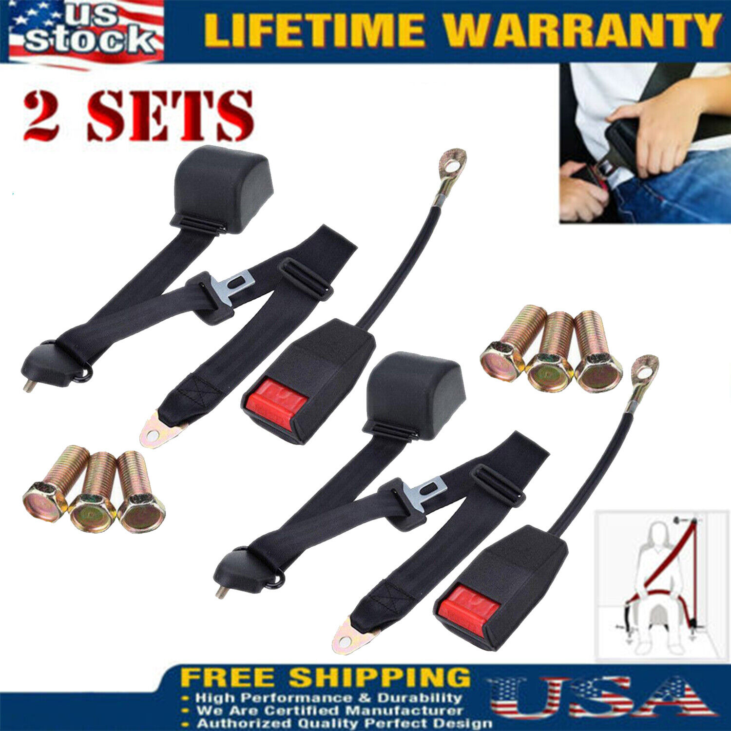 2* Set Safety 3 Point Retractable Car Seat Lap Belt Adjustable Kit Universal