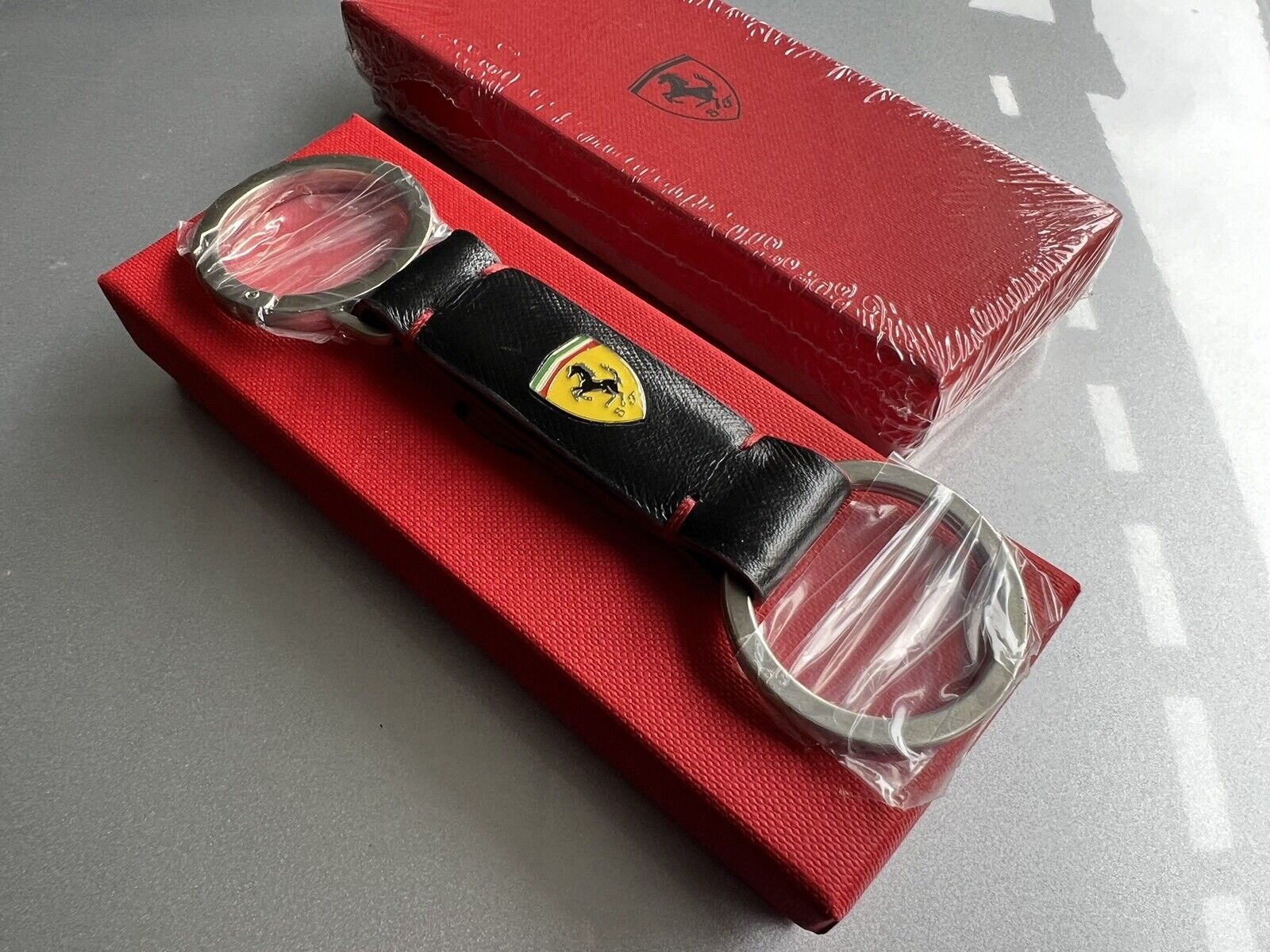 NEW Official Ferrari Black Leather Shield Red Trim Key Ring #270065483 Ferrari