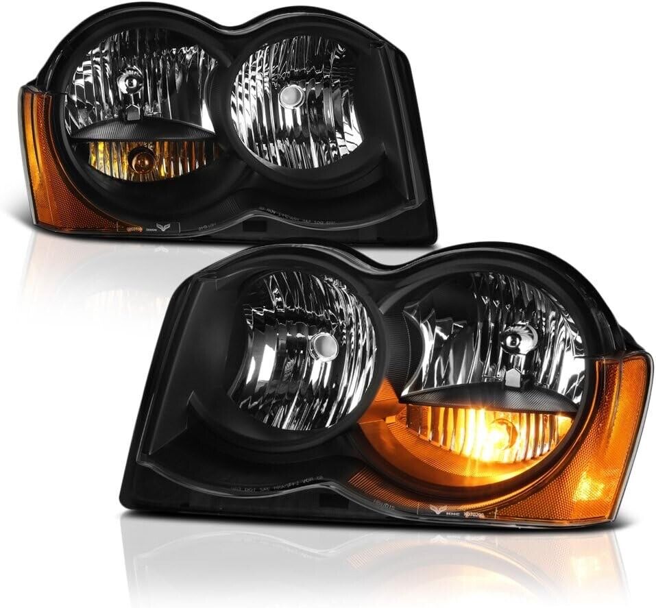For 2008-2010 Jeep Grand Cherokee Halogen Black Headlights Headlamps LH+RH