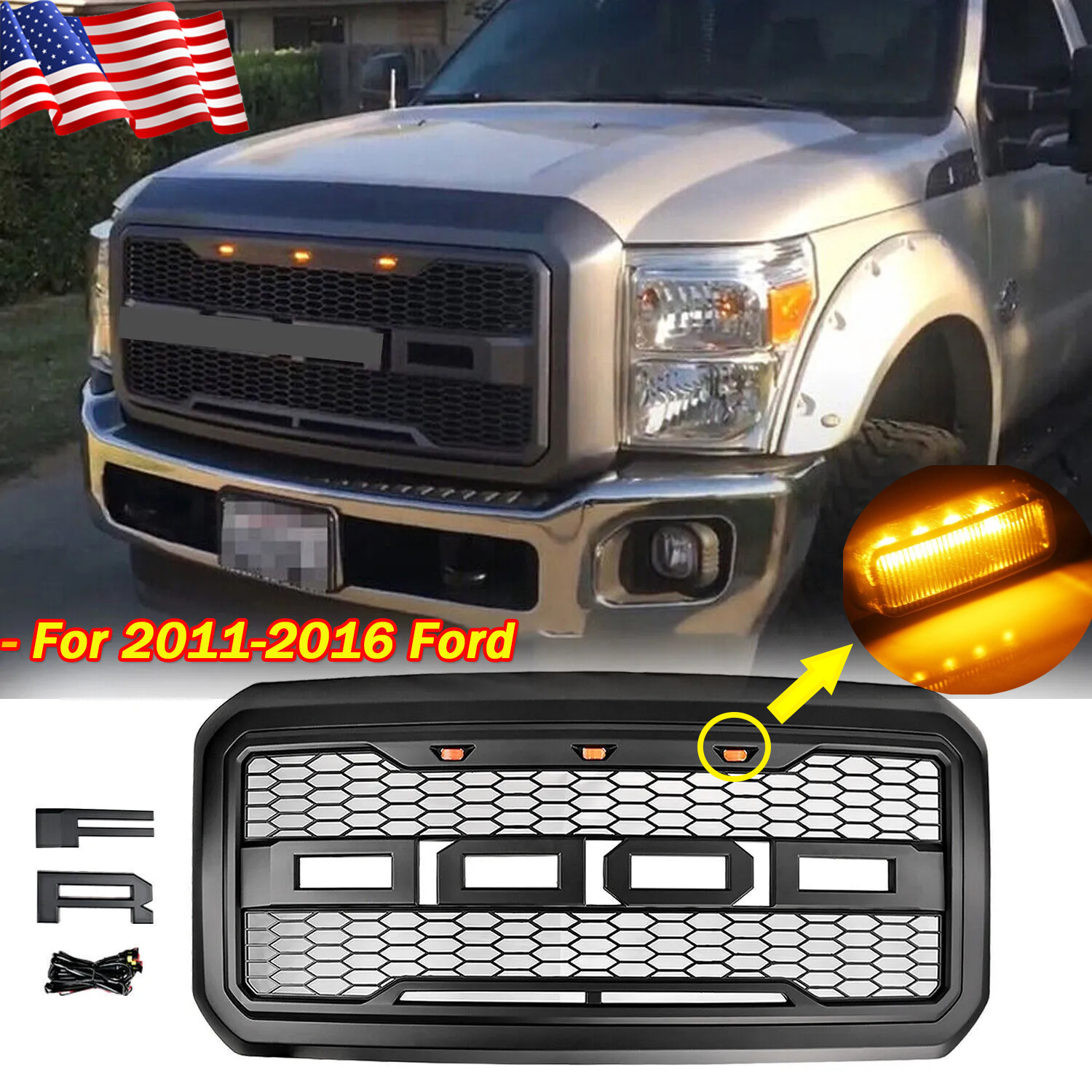 Front Grille For 2011-2016 Ford F250 F350 Super Duty w/Letters Matte Black Grill