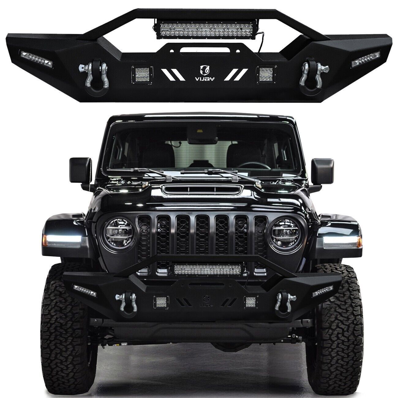 Vijay Fit 2020-2024 Jeep Gladiator JT Front Bumper with LED Lights and D-Ring