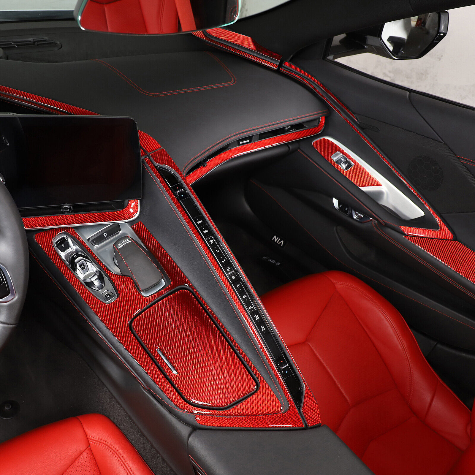 Red Carbon Fiber Interior Trim Sticker Cover Set Kit Fit For Corvette C8 2020-23