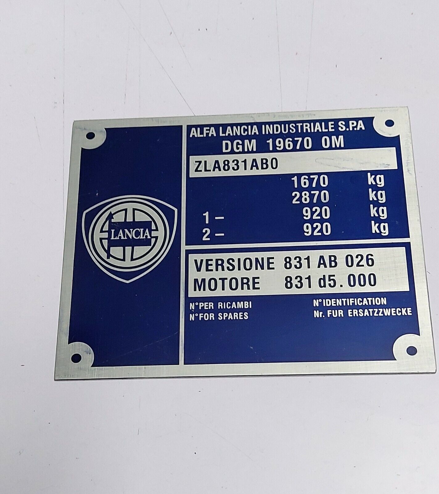 Data plate ID Tag Lancia plate  831AB0 831 AB 026 Delta integrale id-plate S65