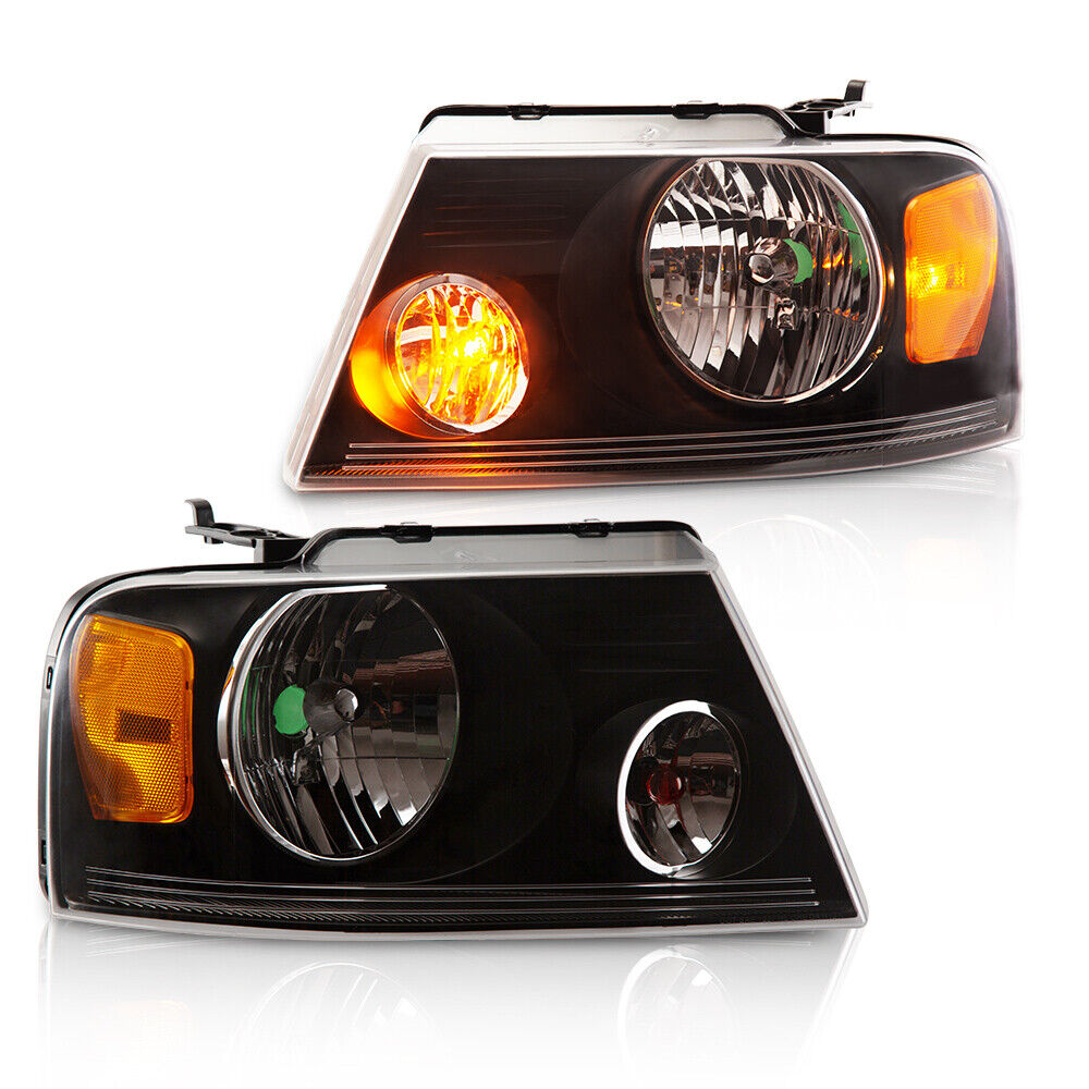 PAIR AMBER SIDE CLEAR/BLACK HEADLIGHTS ASSEMBLY FIT FOR 04-2008 FORD F-150 F150 