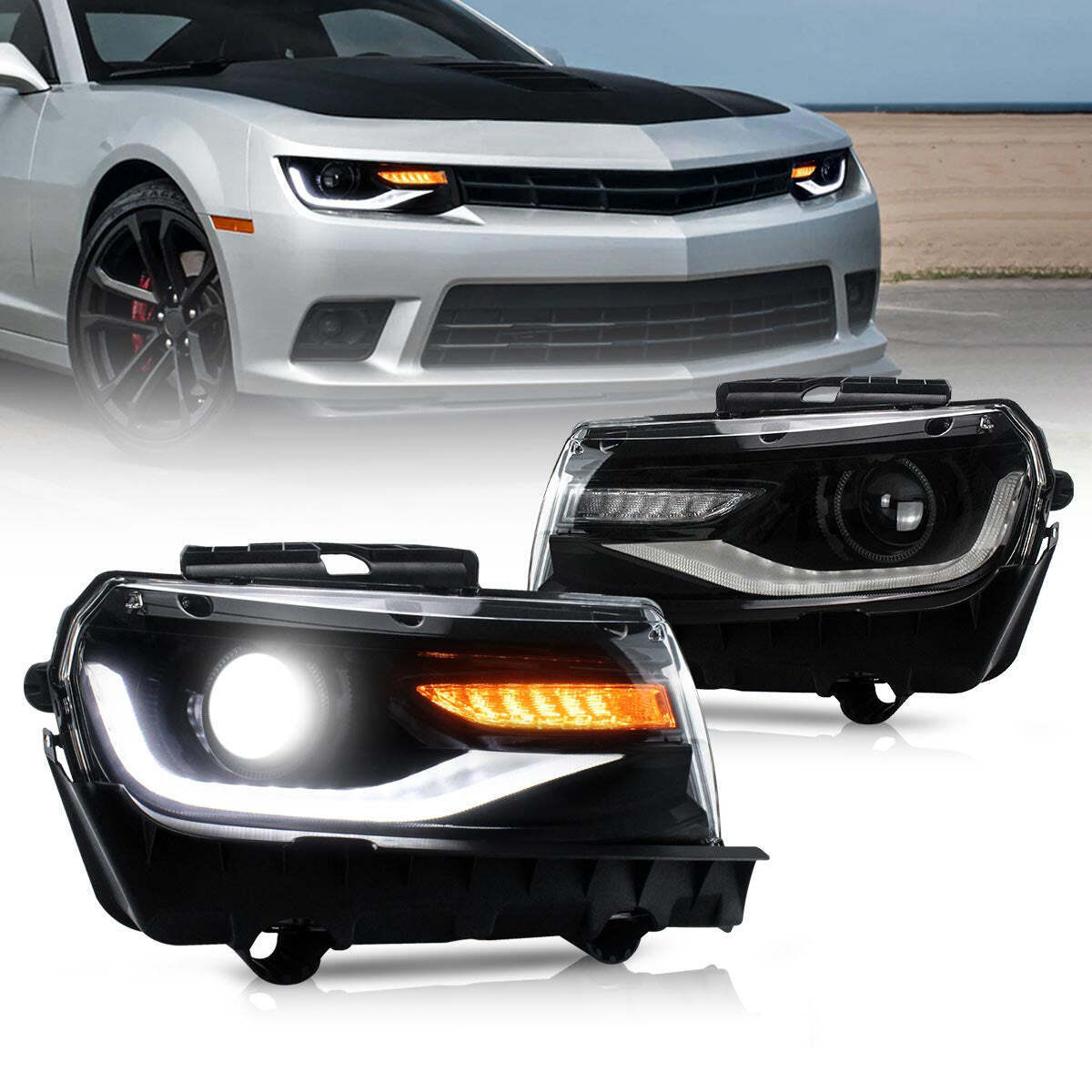VLAND LED Projector Headlights For 2014 2015 Chevrolet Camaro w/Sequential Lamps