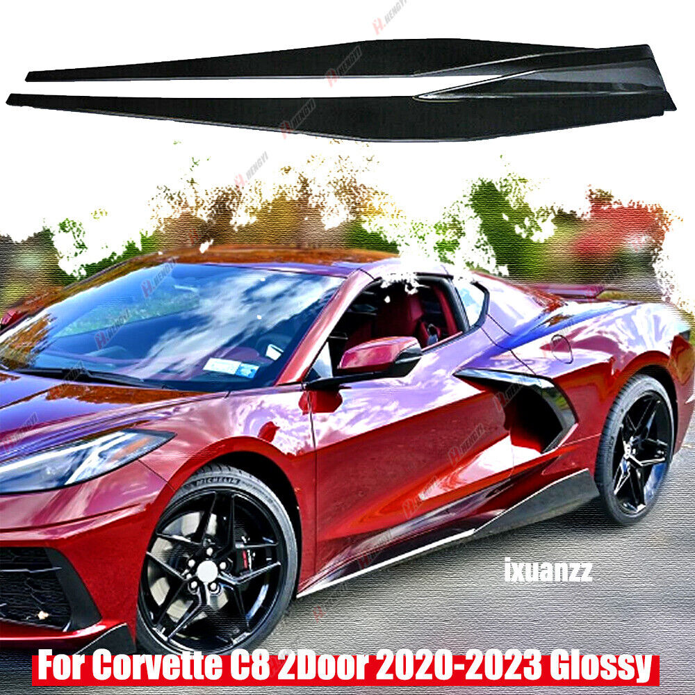 For Corvette C8 2020-2023 Glossy Black 2x 5VM Style Side Skirts Extension Lip