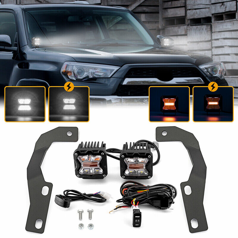For Toyota 4Runner 10-23 Amber White 3\'\' Pods Strobe Lights+Ditch Mounts+DT Wire