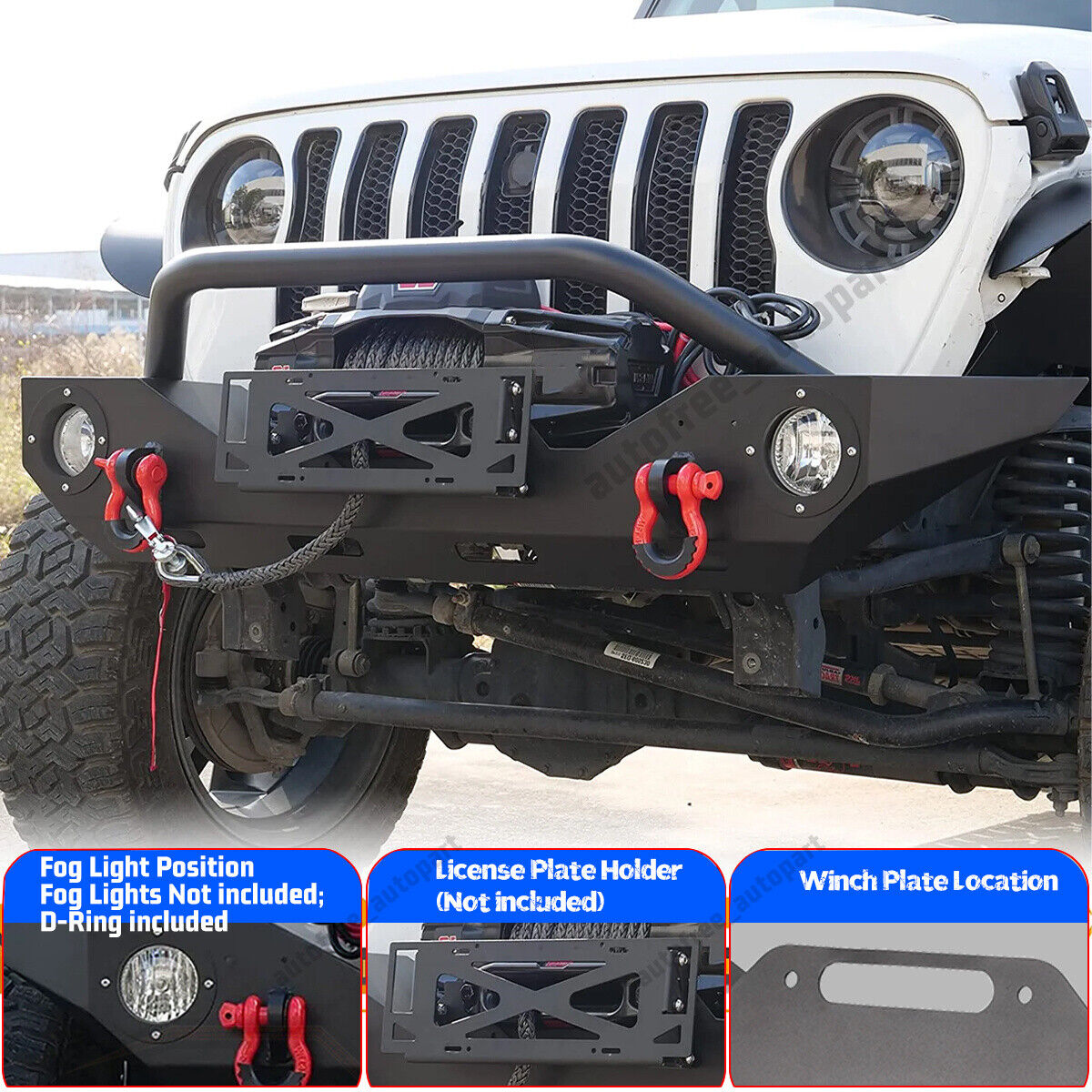 For 2018-2023 Jeep Wrangler JL JT Front Bumper W/Winch Plate Location & D-Ring