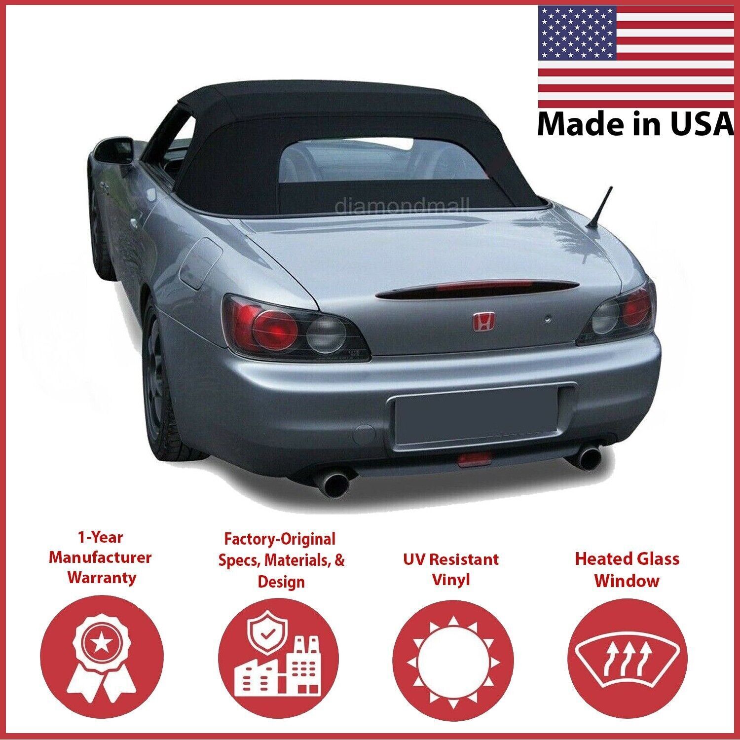2002-09 Honda S2000 Convertible Soft Top w/DOT Approved Heated Glass, BURGUNDY