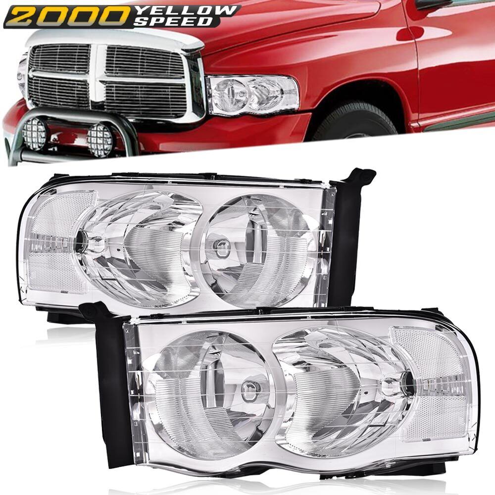 Fit For 2002-2005 Dodge Ram 1500 / 03-05 Ram 2500 3500 Clear/Chrome Headlights 