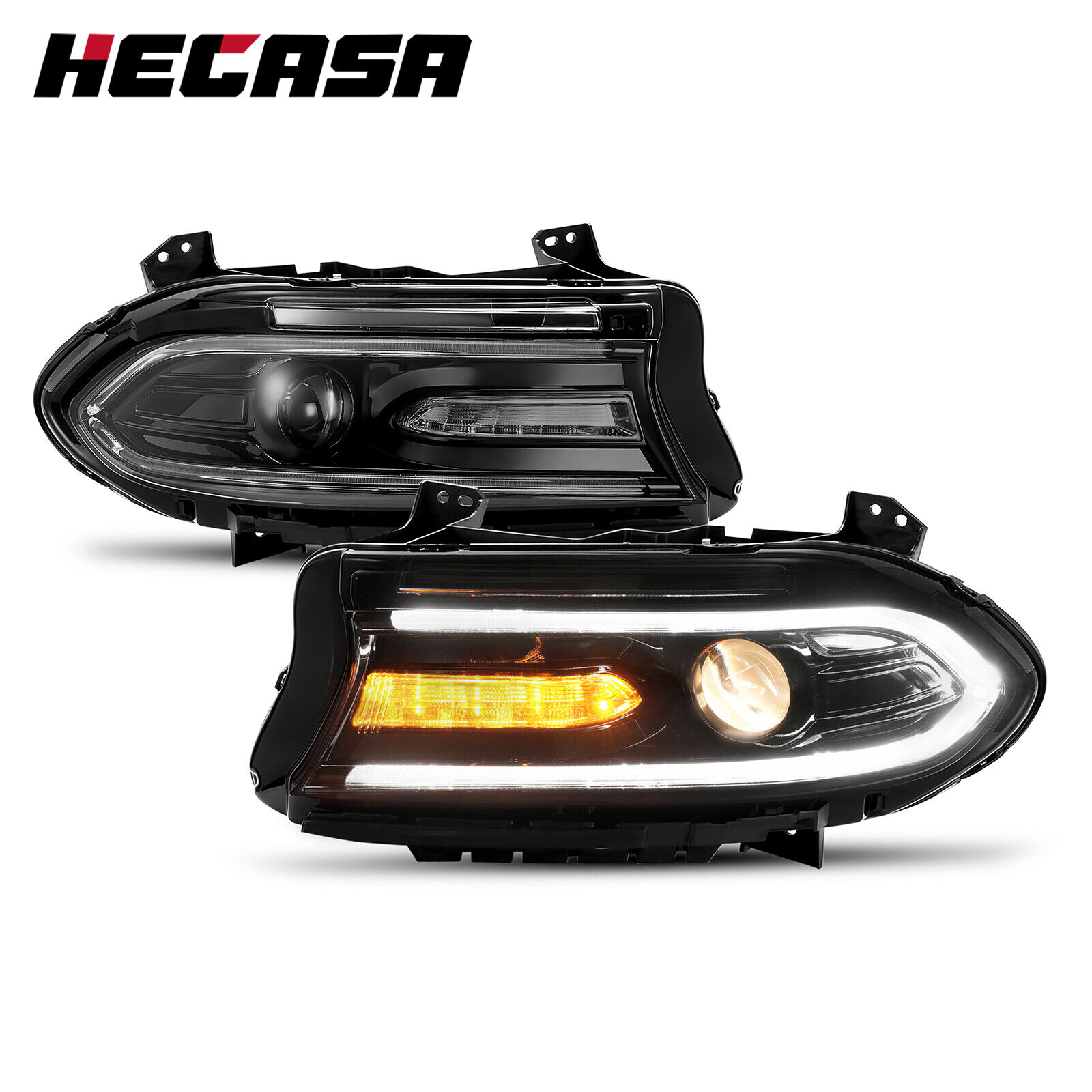 HECASA 2 PCS LED Projector Headlights Lamps Black For Dodge Charger 2015-2023