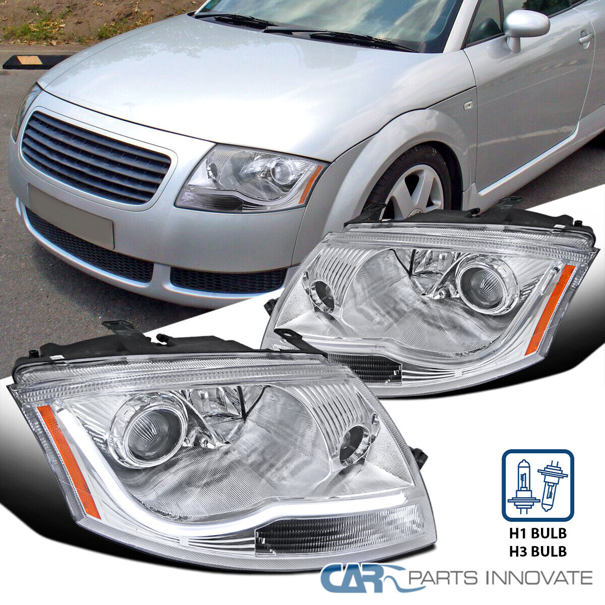 Fits 99-06 Audi TT Clear LED Strip Projector Headlights H3 Fog Lamps Left+Right
