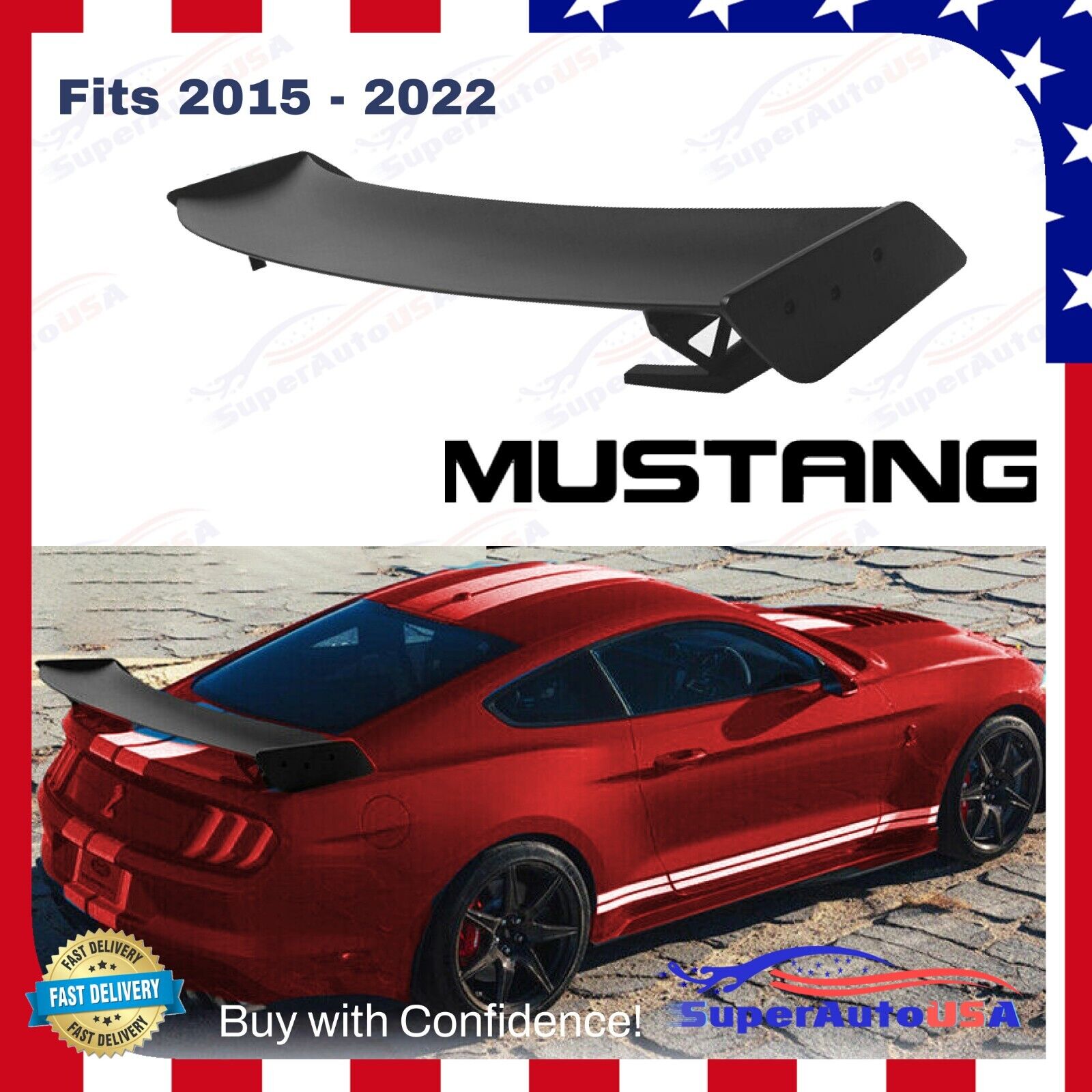 FOR 15-2022 FORD MUSTANG RACING GT500 STYLE BIG TRUNK SPOILER WING METAL STANDS