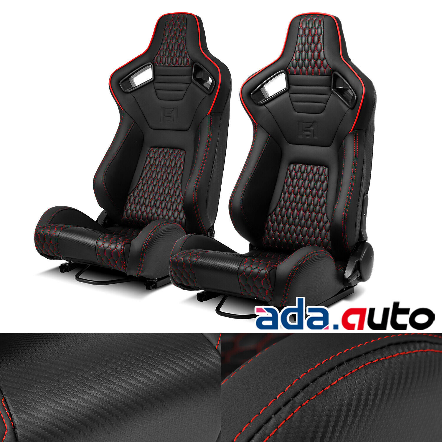 2x All Black PVC Red Snake Pattern & Bottom Carbon Fiber Reclinable Racing Seats