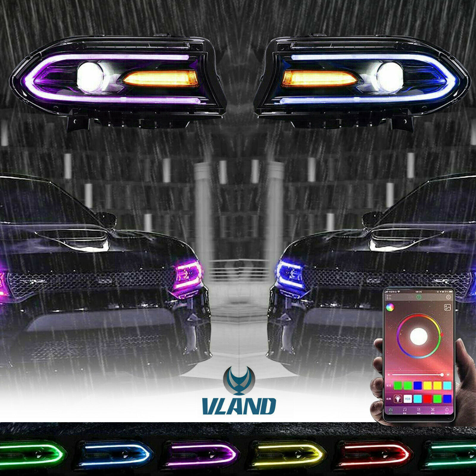 Pair LED RGB Colorful Lights DRL Projector Headlight For 2015-20 Dodge Charger
