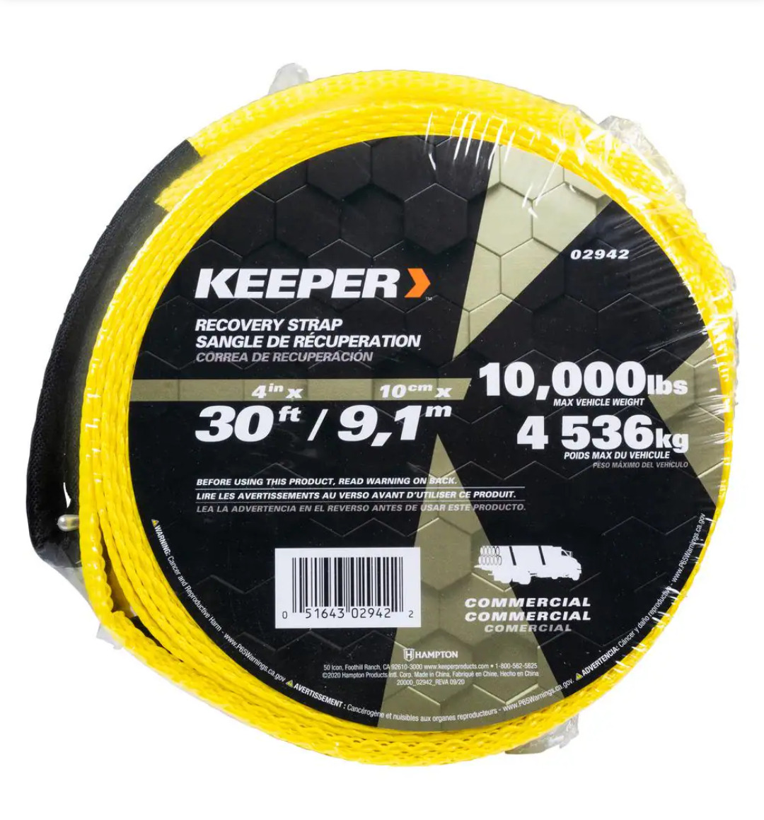 KEEPER 02942 30ft x  4in x 10,000 lbs. Vehicle Recovery Strap W/Protective Loops