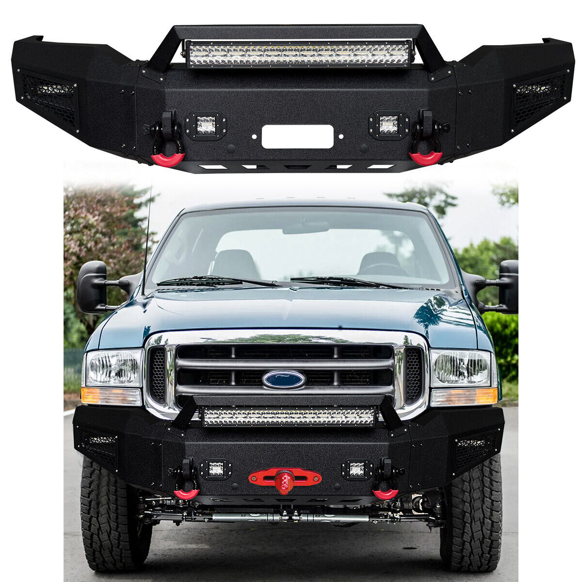 Vijay For 1999-2004 Ford F250 F350 Front Bumper with Winch Plate and Lights