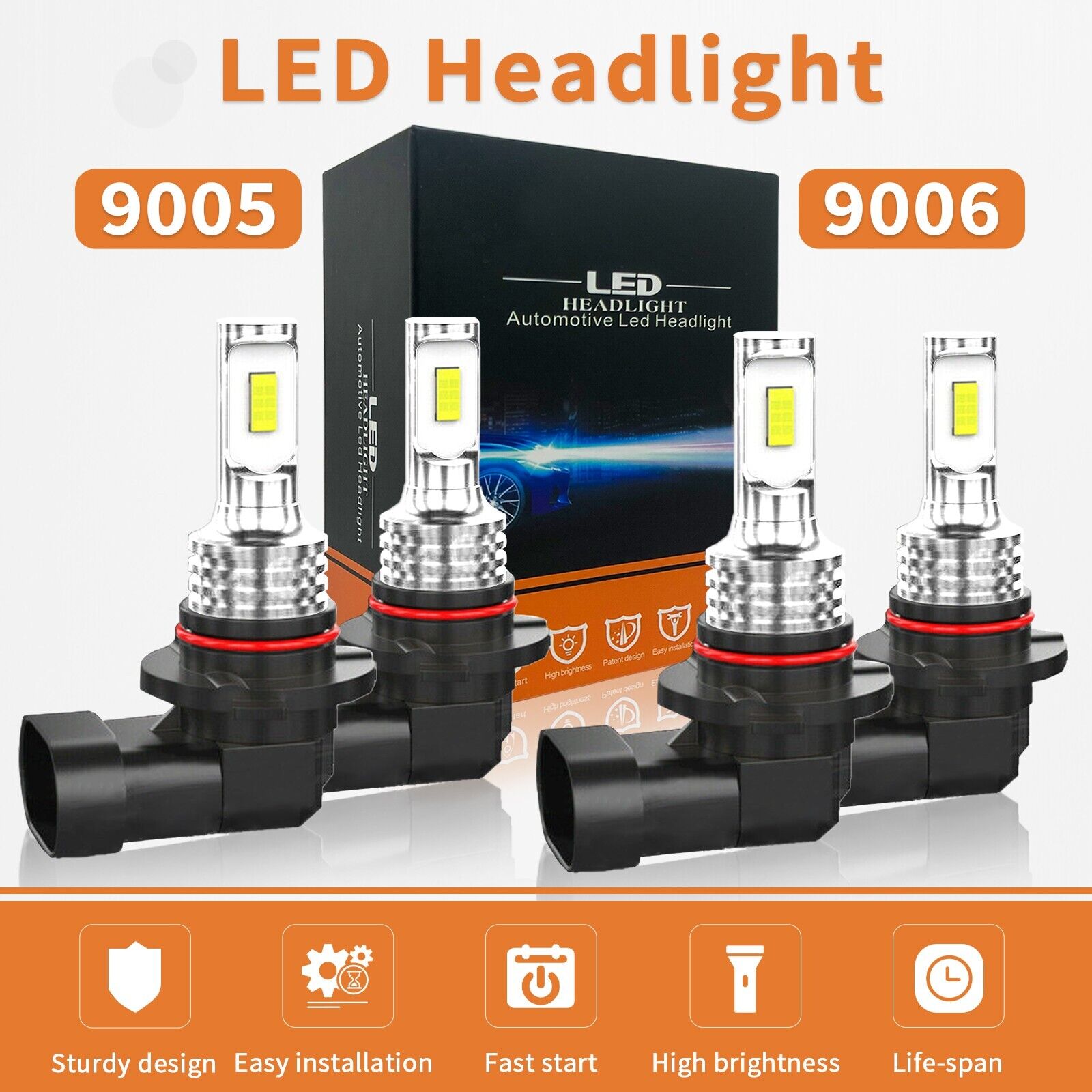 9005 9006 LED Headlights Kit Combo Bulbs 8000K High Low Beam Super White Bright