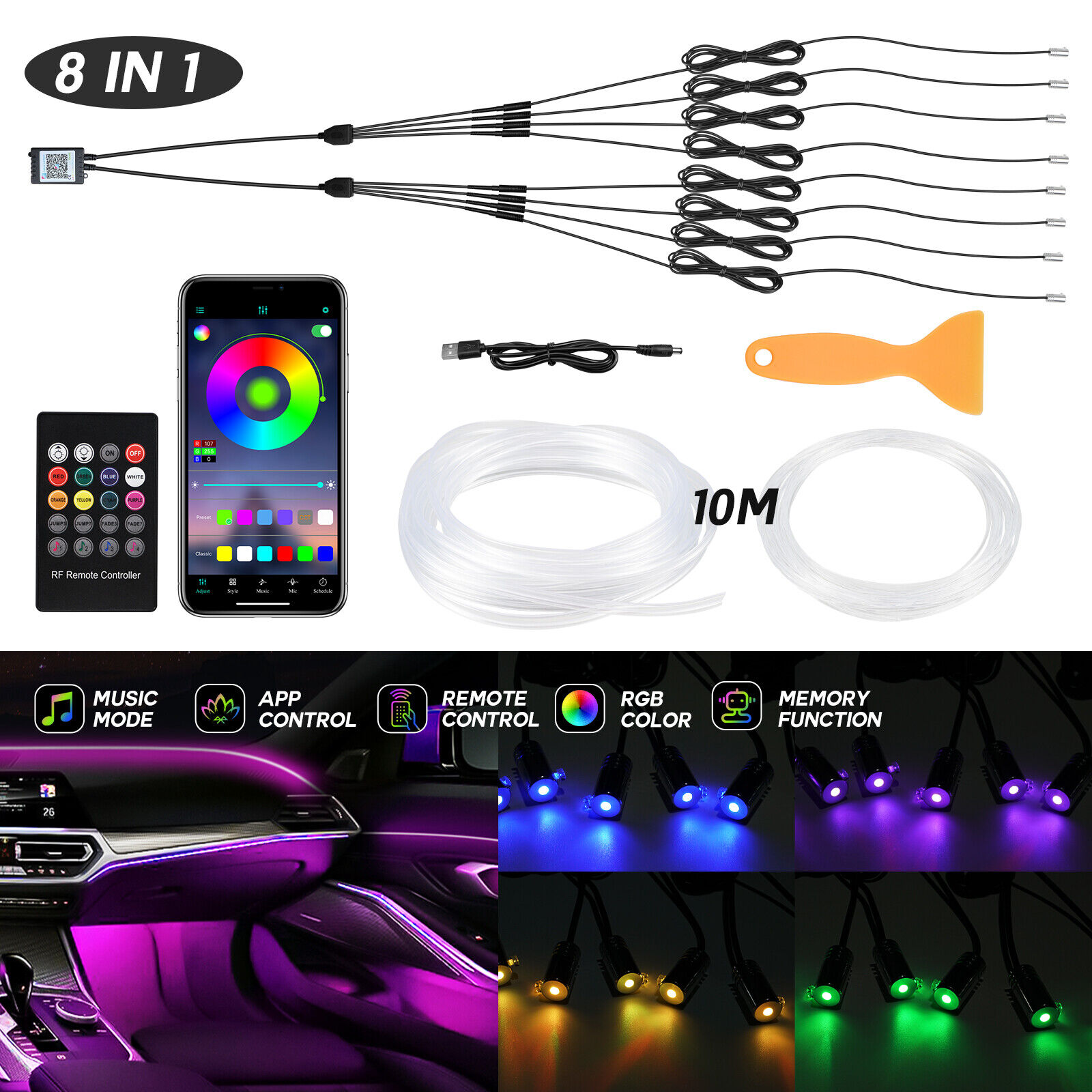 10M RGB LED Strip Light Car Interior Fiber Optic Neon Wire Atmosphere Bluetooth
