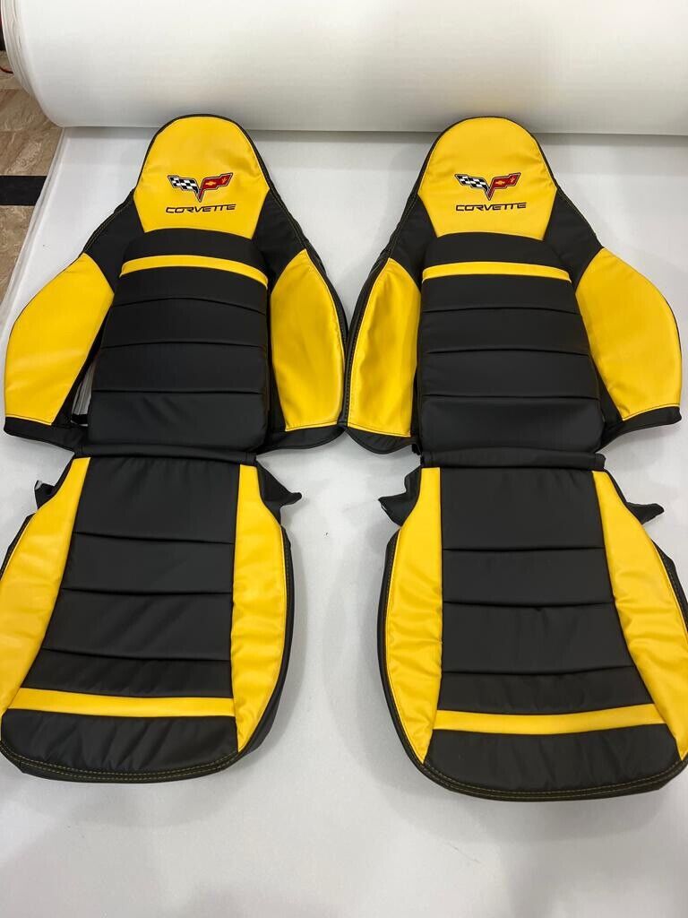 C6 CORVETTE 2005-2011 SYNTHETIC LEATHER BLACK ⚫ 🟡YELLOW REPLACEMENT SEAT COVERS