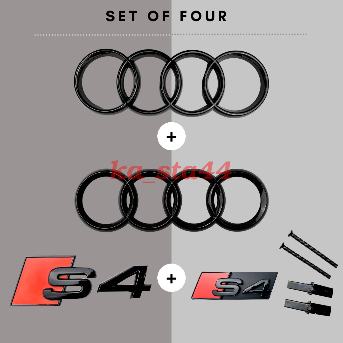 Audi S4 Gloss Black Set Kit of Front Rings Badge Grille Boot Lid Trunk Emblem