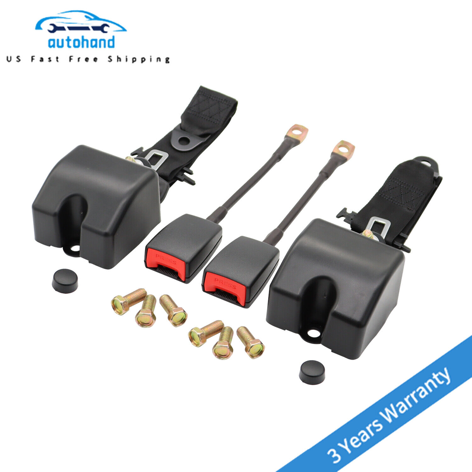 2 Pack Black Universal 3 Point Retractable Adjustable Car Seat Belt